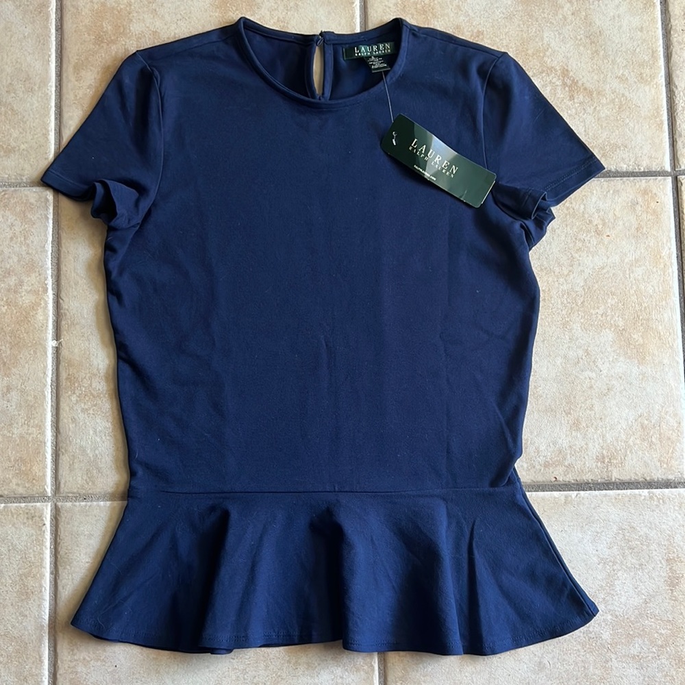 NWT Lauren by Ralph Lauren Navy Blue Shirt Sleeve Peplum Top size S